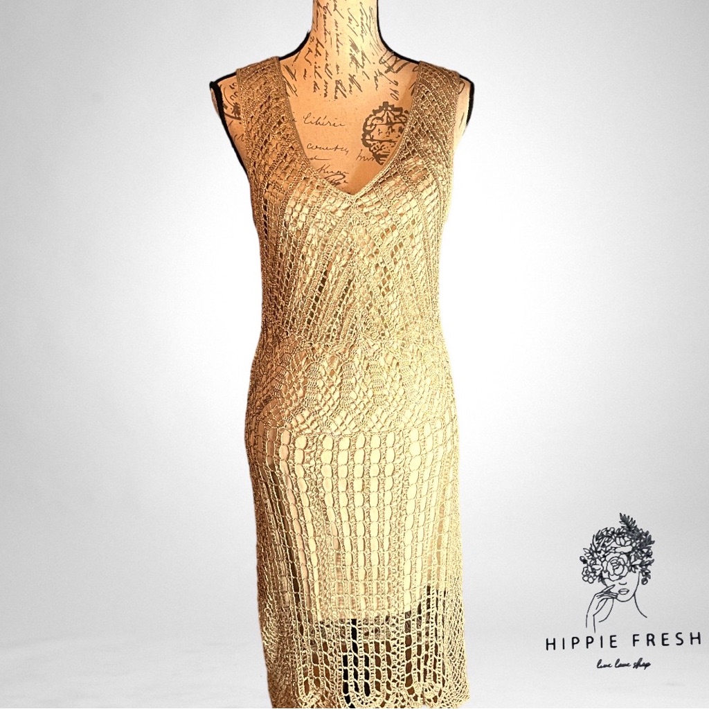 Antonio Melani Golden Shimmer Open Weave W Nude Lining Sheath Dress Size L